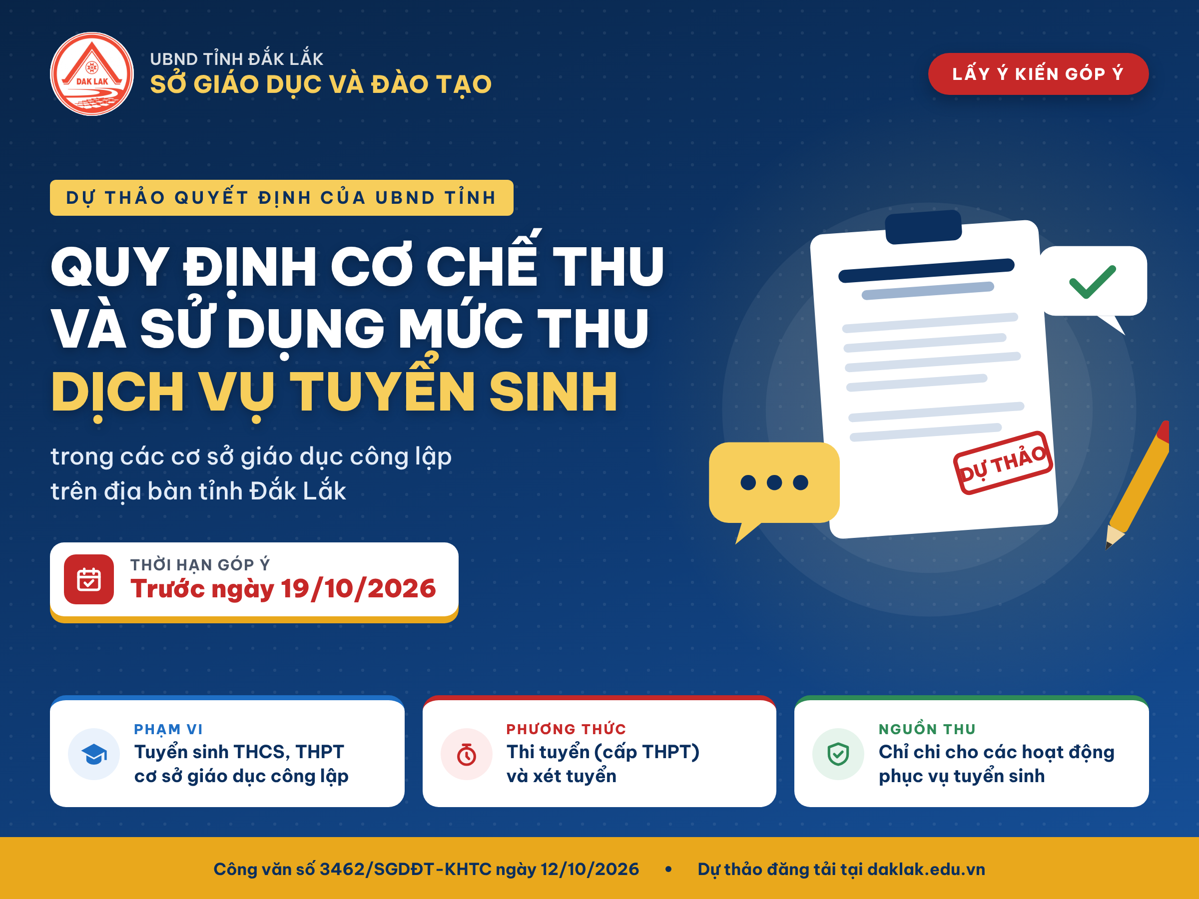 LẤY Ý KIẾN GÓP Ý: Dự thảo Quyết định quy định cơ chế thu và sử dụng mức thu dịch vụ tuyển sinh trong các cơ sở giáo dục công lập trên địa bàn tỉnh Đắk Lắk
