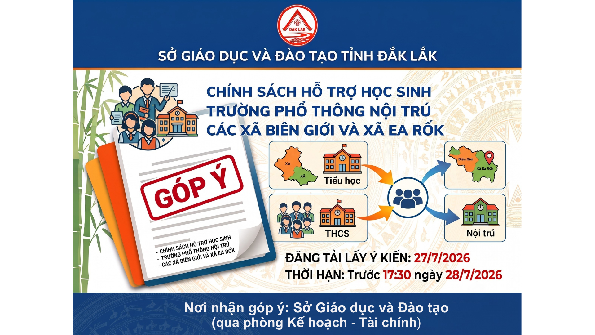 Lấy ý kiến góp ý đối với dự thảo Nghị quyết quy định chính sách hỗ trợ học sinh và trường phổ thông nội trú tại các xã biên giới và xã Ea Rốk