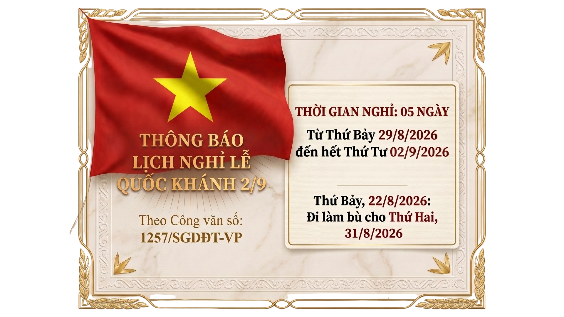 Thông báo lịch nghỉ Lễ Quốc khánh 2/9 năm 2026