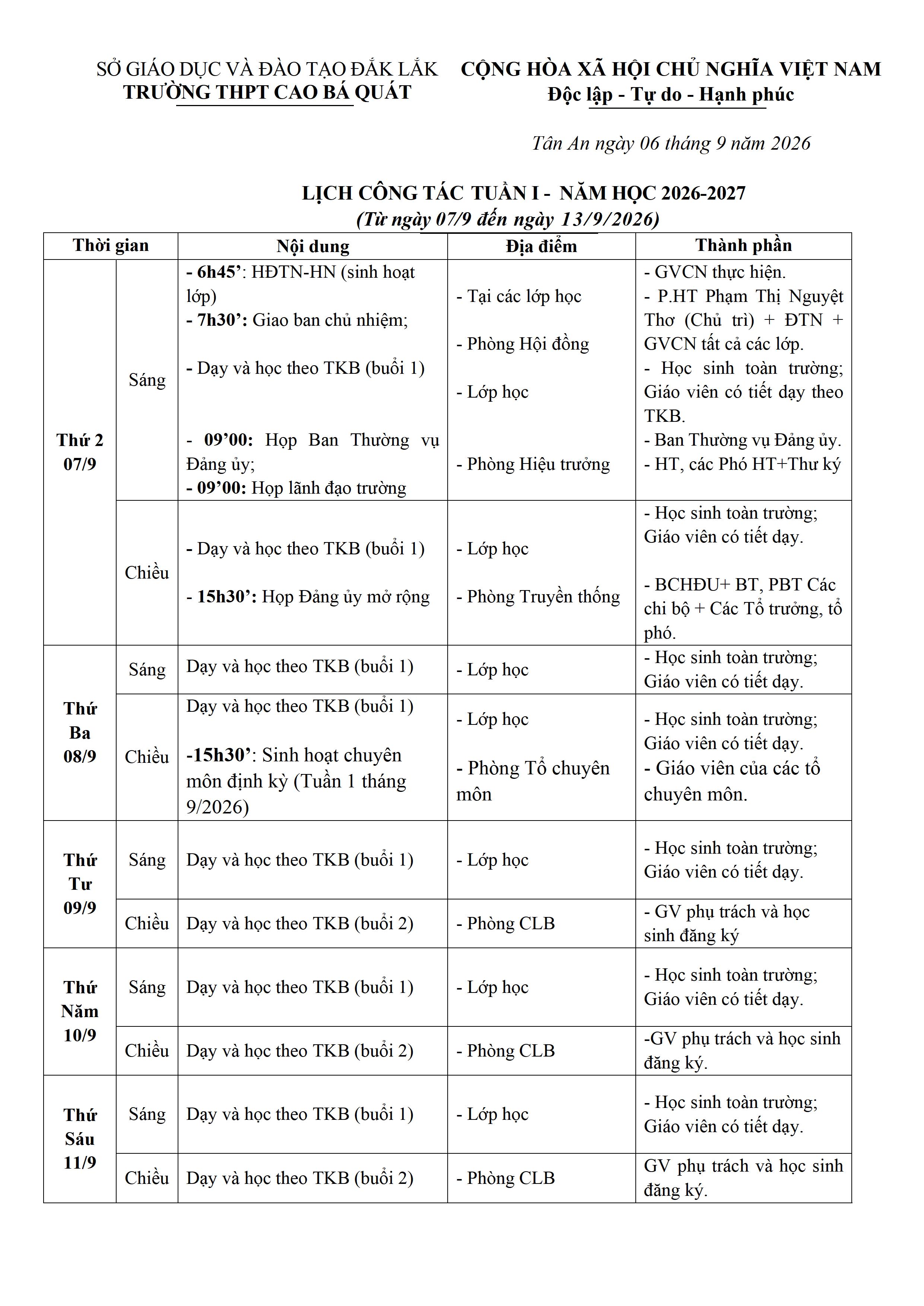 Lịch công tác Tuần 1 - Năm học 2026-2027 (Từ ngày 07/9 đến ngày 13/9/2026)
