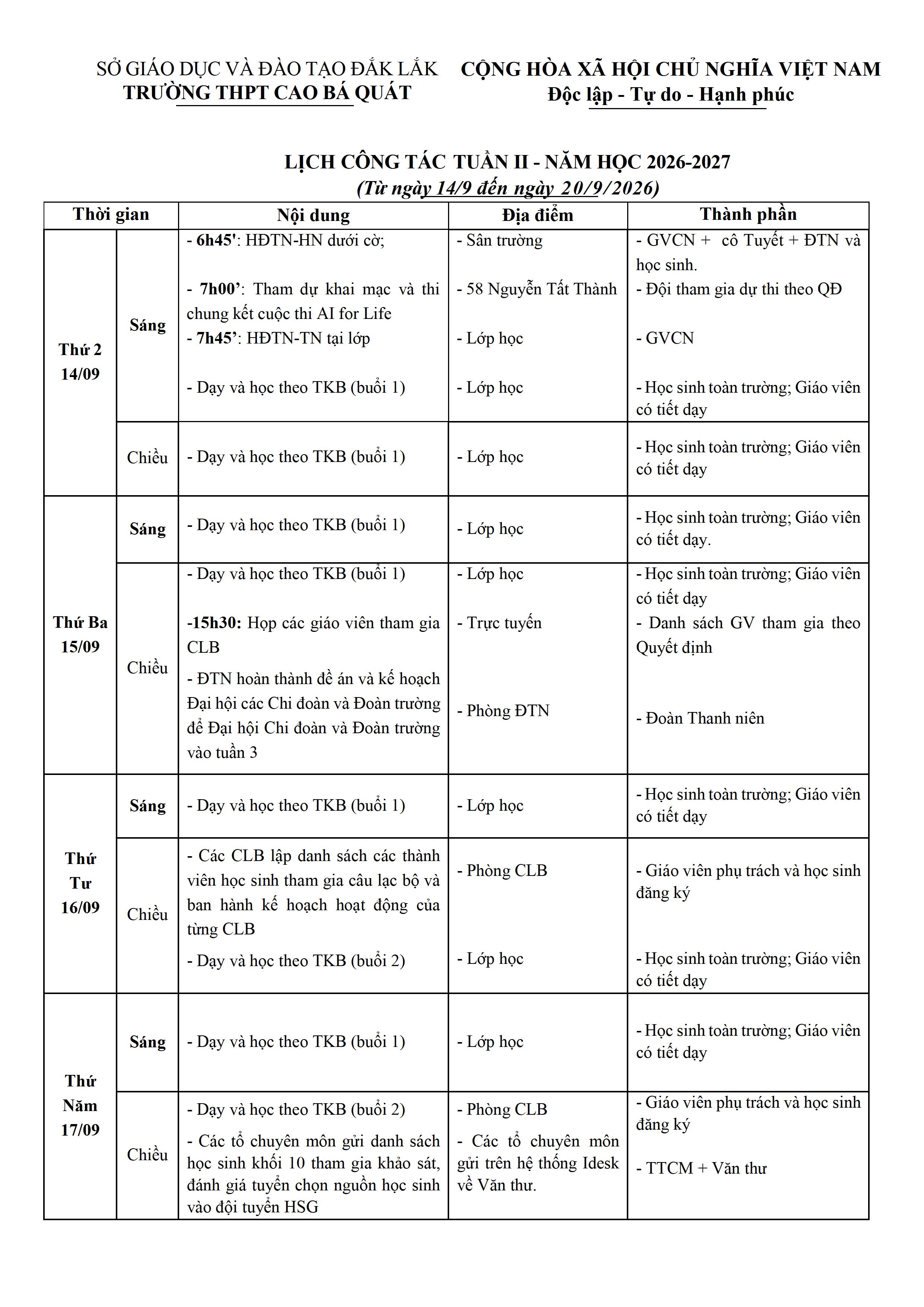 Lịch công tác Tuần 2 - Năm học 2026-2027 (Từ ngày 14/9 đến ngày 20/9/2026)