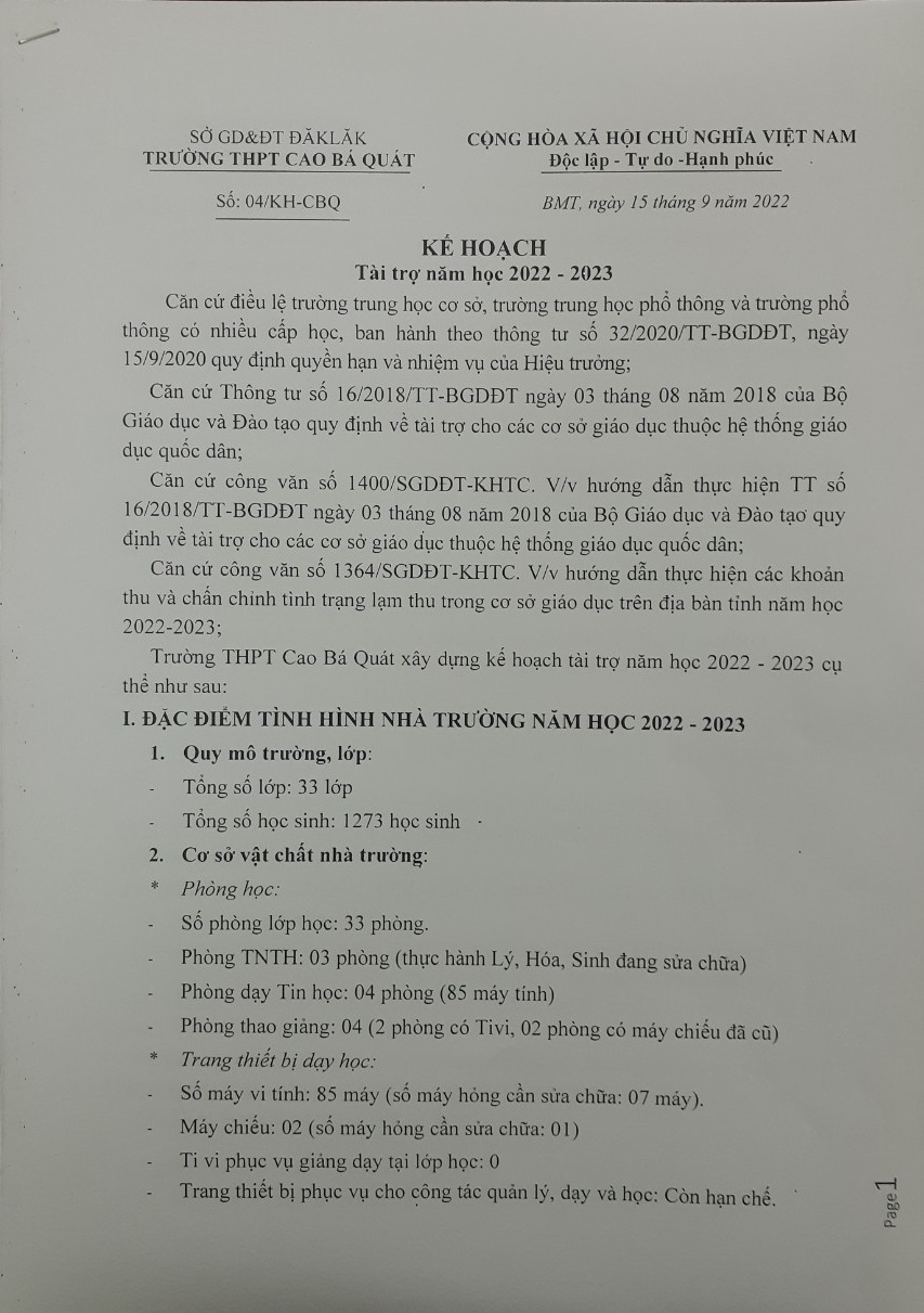 Kế hoạch Tài trợ năm học 2022-2023