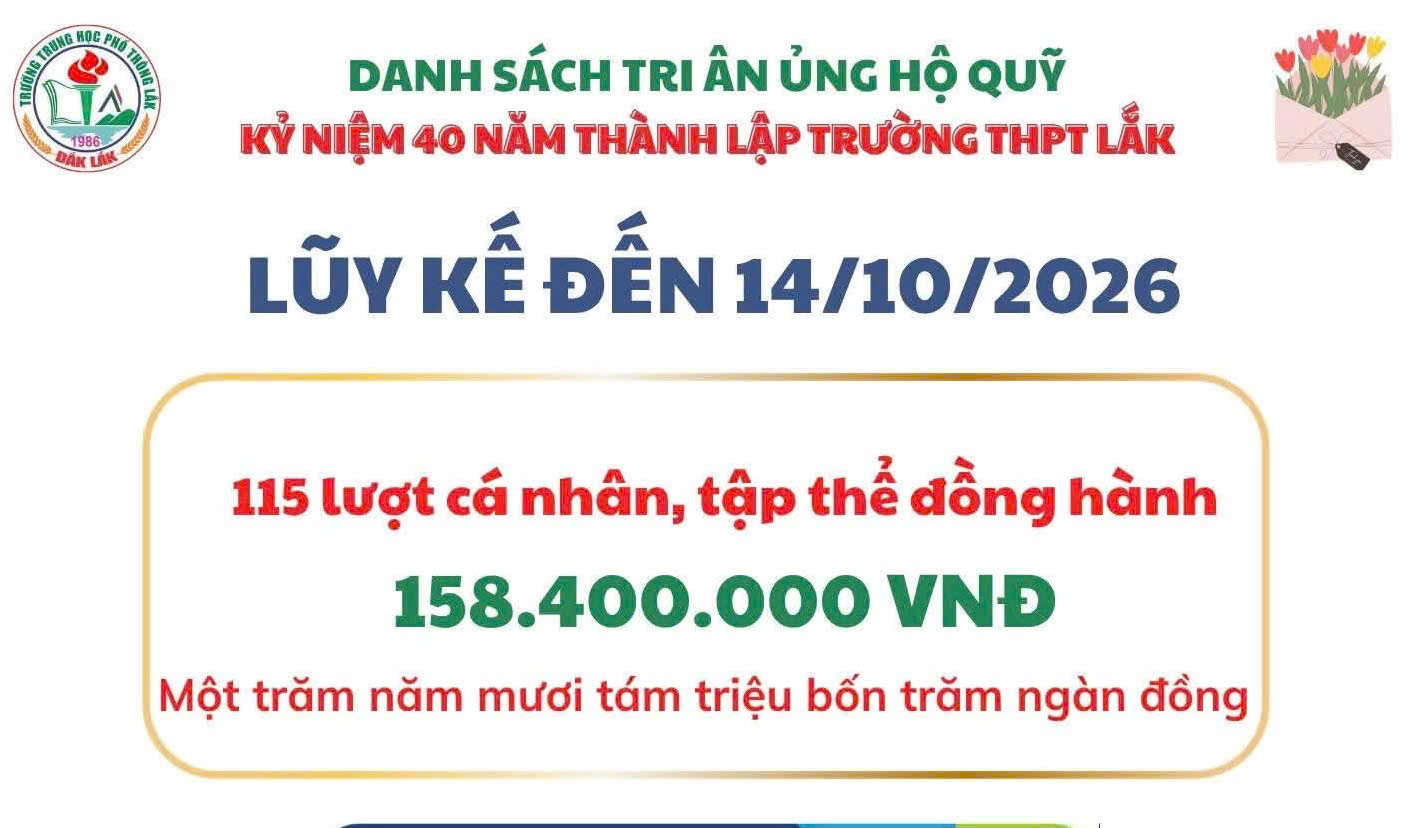 CÔNG KHAI TÌNH HÌNH TIẾP NHẬN ỦNG HỘ QUỸ KỶ NIỆM 40 NĂM THÀNH LẬP TRƯỜNG THPT LẮK
