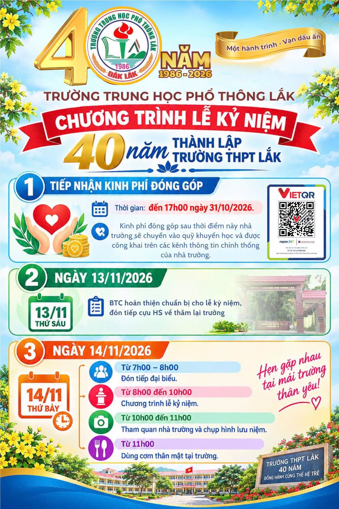 THÔNG BÁO CHƯƠNG TRÌNH LỄ KỶ NIỆM 40 NĂM THÀNH LẬP TRƯỜNG THPT LẮK (1986–2026)
