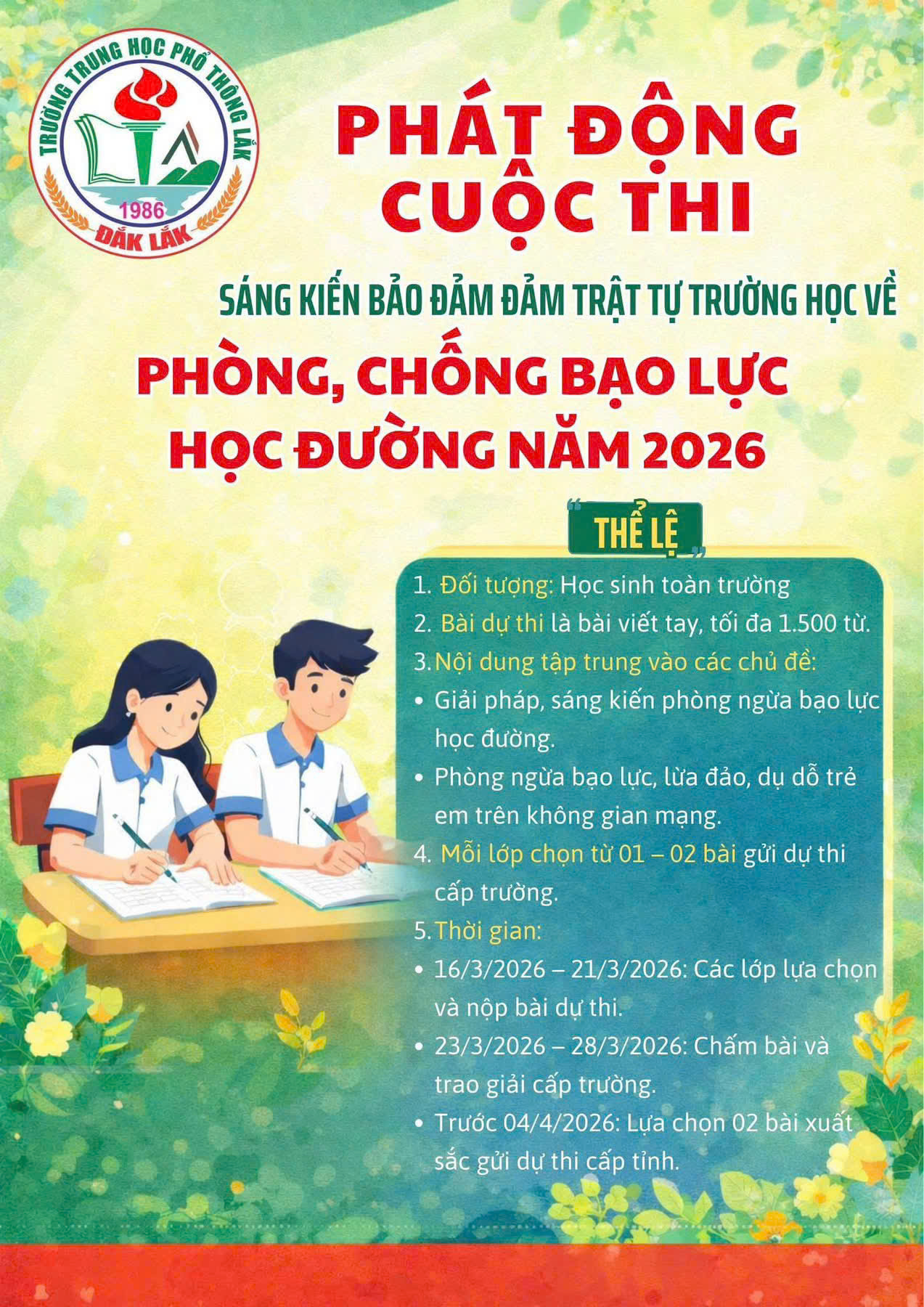 PHÁT ĐỘNG CUỘC THI “SÁNG KIẾN BẢO ĐẢM TRẬT TỰ TRƯỜNG HỌC VỀ PHÒNG, CHỐNG BẠO LỰC HỌC ĐƯỜNG” NĂM 2026