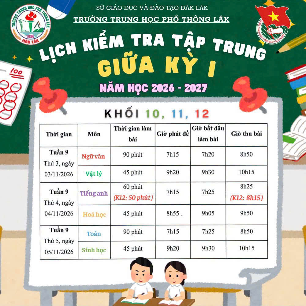 THPT LẮK THÔNG BÁO LỊCH KIỂM TRA TẬP TRUNG GIỮA KỲ I, NĂM HỌC 2026–2027