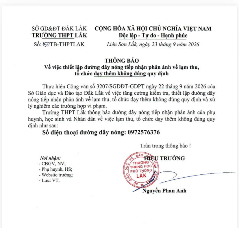 THÔNG BÁO VỀ VIỆC THIẾT LẬP ĐƯỜNG DÂY NÓNG TIẾP NHẬN PHẢN ÁNH VỀ LẠM THU VÀ DẠY THÊM KHÔNG ĐÚNG QUY ĐỊNH