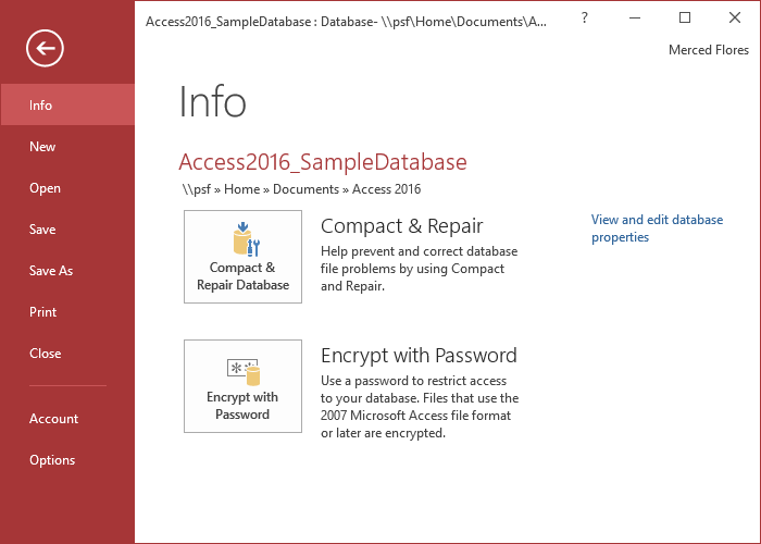 Các mục trong Menu File của Access 2016