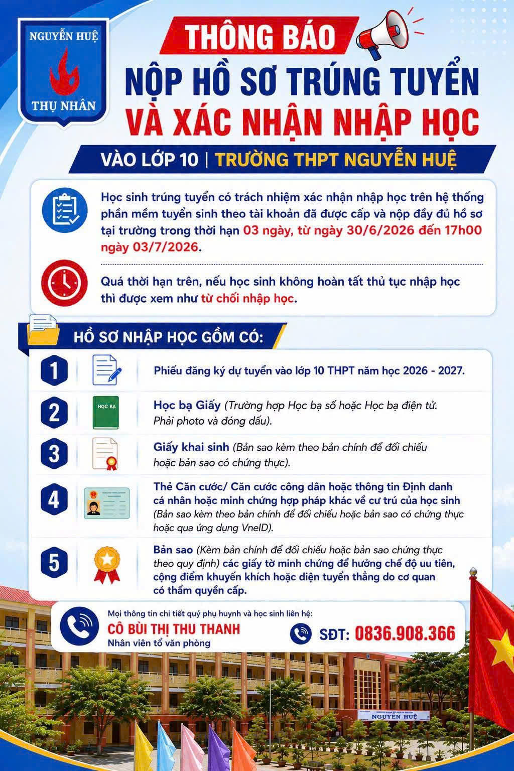 Thông báo nộp hồ sơ trúng tuyển và xác nhận nhập học vào lớp 10 Trường THPT Nguyễn Huệ