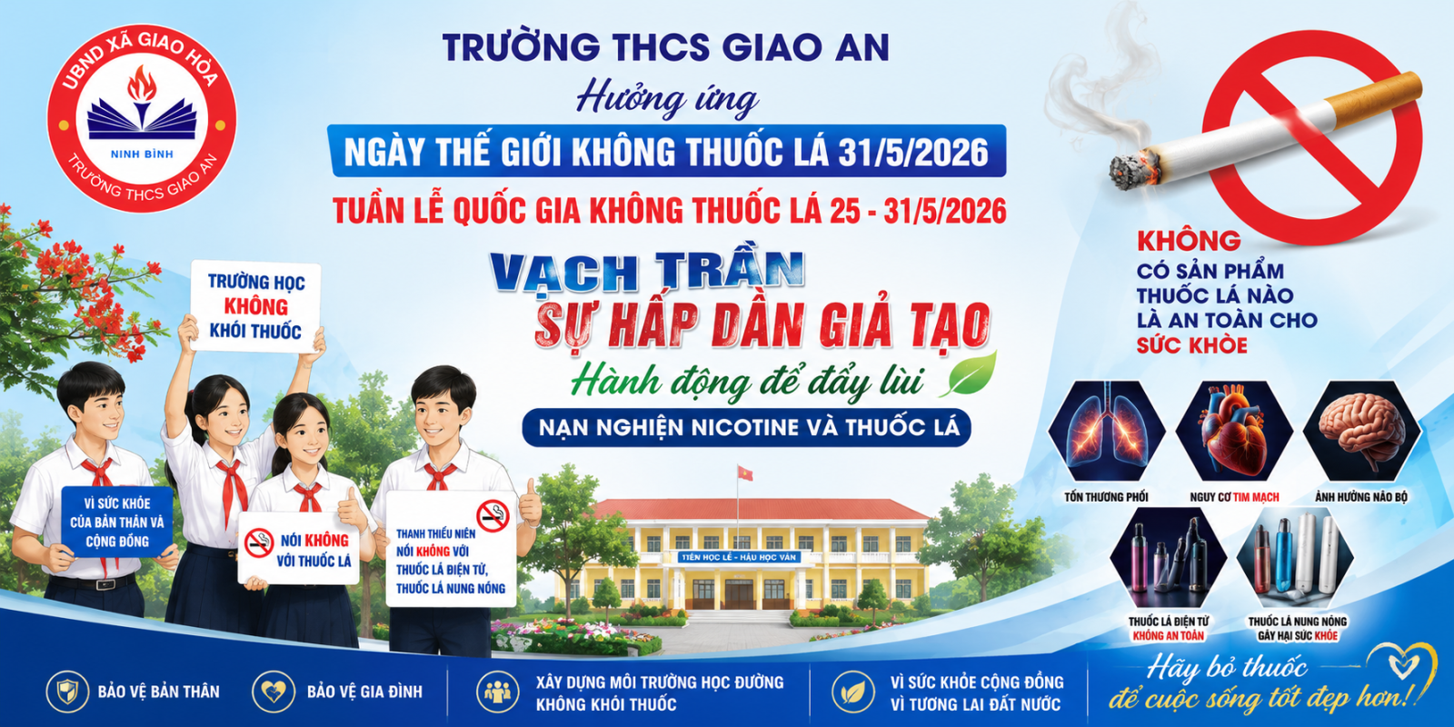 TRƯỜNG THCS GIAO AN TĂNG CƯỜNG TUYÊN TRUYỀN PHÒNG, CHỐNG TÁC HẠI CỦA THUỐC LÁ HƯỞNG ỨNG NGÀY THẾ GIỚI KHÔNG THUỐC LÁ 31/5/2026