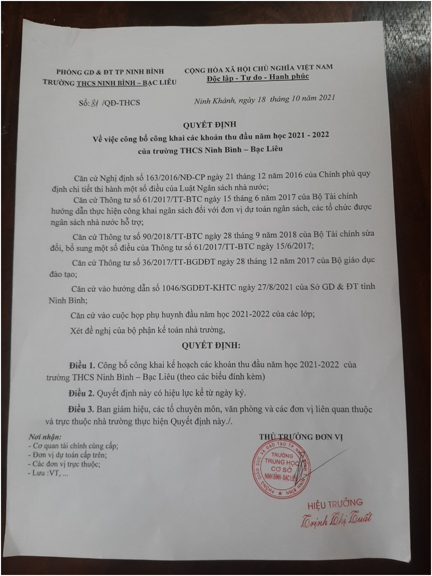 Quyết định về việc công khai các khoản thu đầu năm học 2021- 2022 của trường THCS Ninh Binh Bạc Liêu
