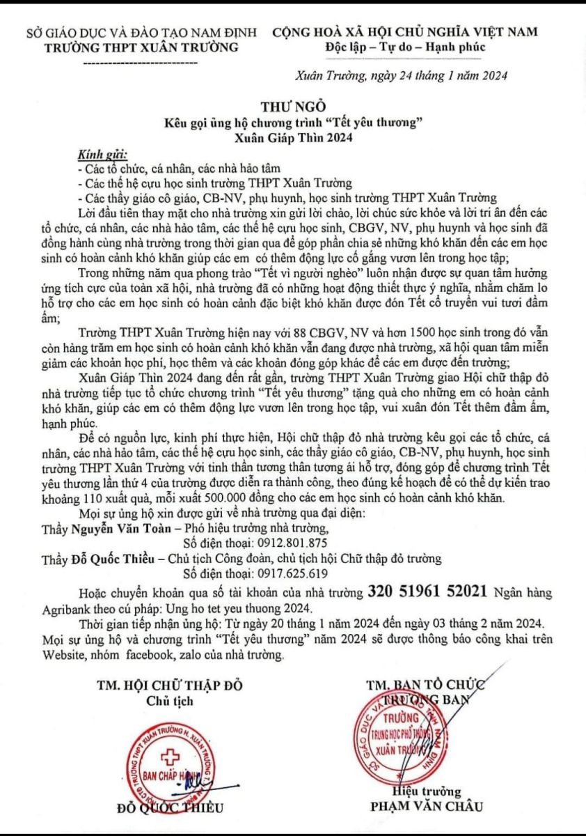 Thư ngỏ: Kêu gọi ủng hộ chương trình "Tết yêu thương" xuân Giáp Thìn năm 2024.