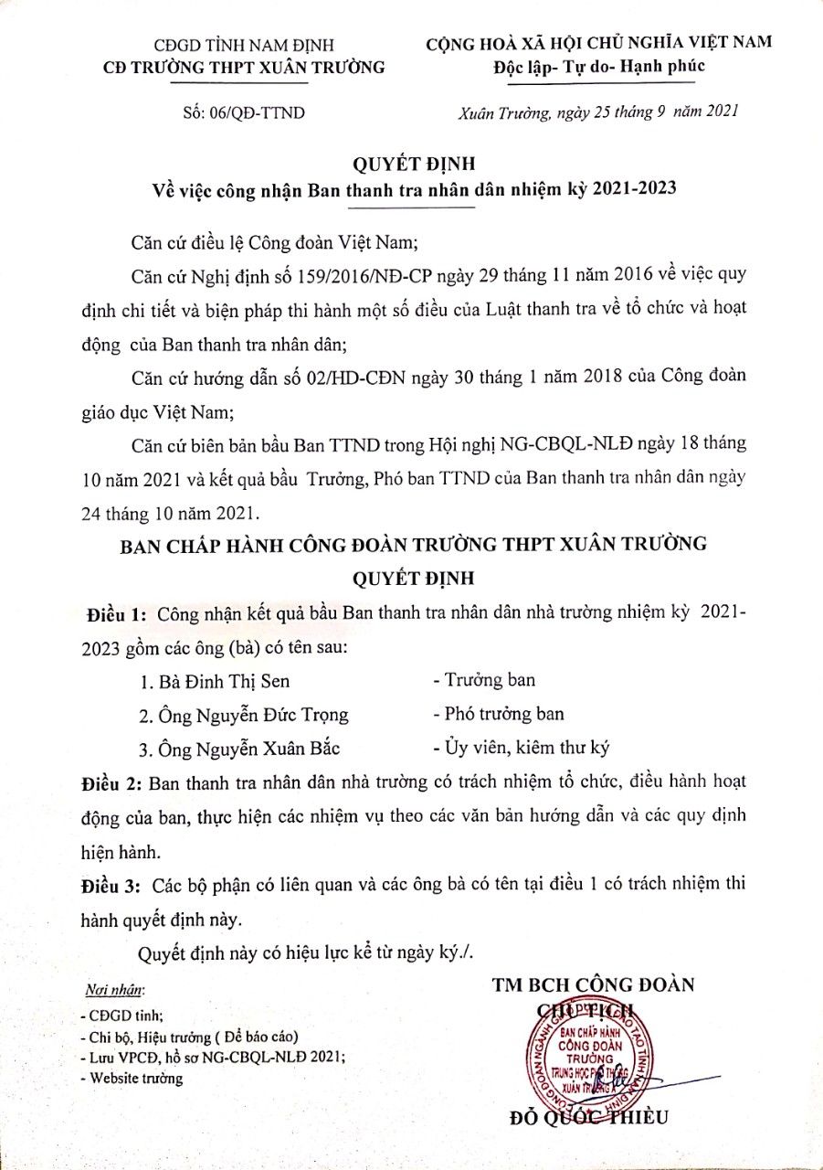 Quyết định công nhận Ban thanh tra nhân dân trường THPT Xuân Trường, nhiệm kỳ 2021-2023.