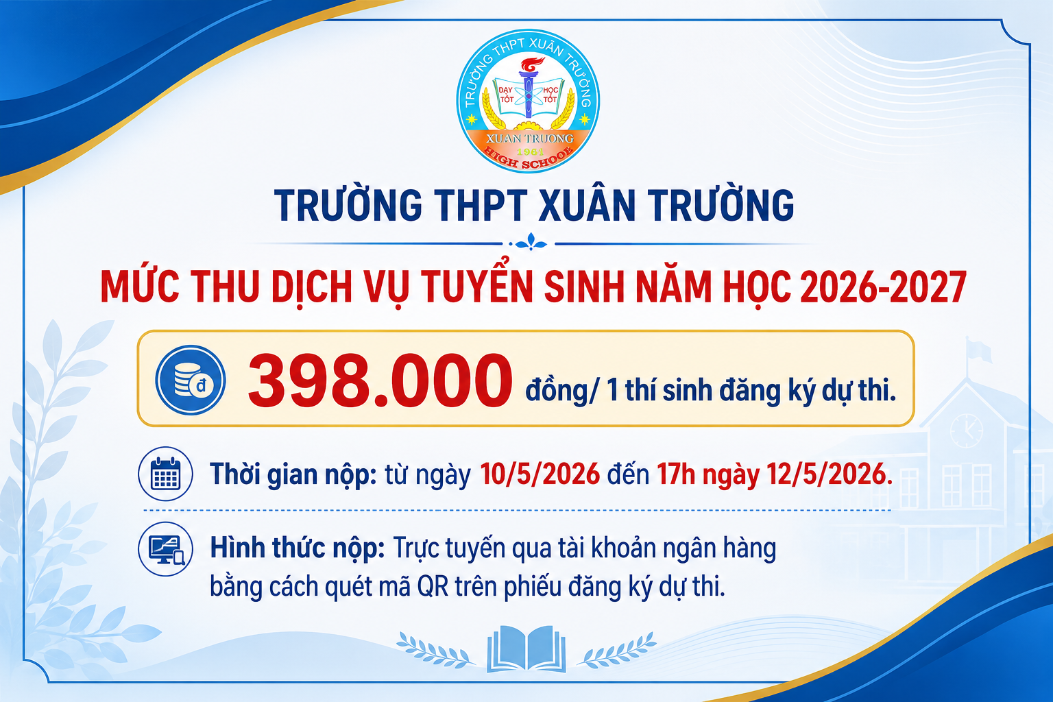 Thông báo công khai mức thu dịch vụ tuyển sinh lớp 10 năm học 2026-2027