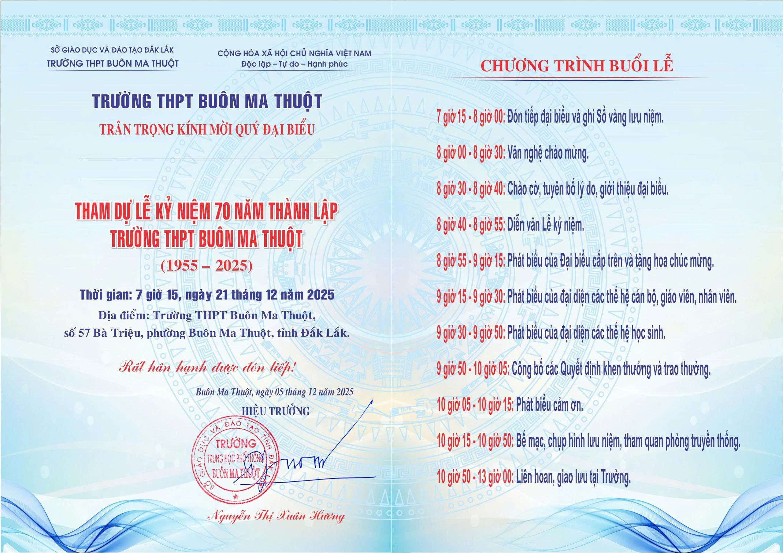 Thư mời tham dự Lễ kỉ niệm 70 năm xây dựng và phát triển Trường THPT Buôn Ma Thuột [1955 – 2025]